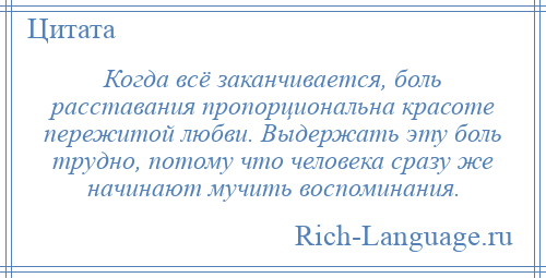 
    Когда всё заканчивается, боль расставания пропорциональна красоте пережитой любви. Выдержать эту боль трудно, потому что человека сразу же начинают мучить воспоминания.