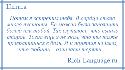 
    Потом я встретил тебя. В сердце стало много пустоты. Её можно было заполнить болью или тобой. Так случилось, что вышло второе. Тогда еще я не знал, что ты тоже превратишься в боль. Я и понятия не имел, что любить – означает терять…