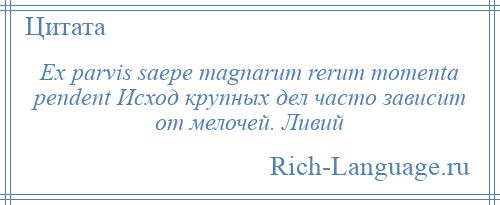 
    Ex parvis saepe magnarum rerum momenta pendent Исход крупных дел часто зависит от мелочей. Ливий