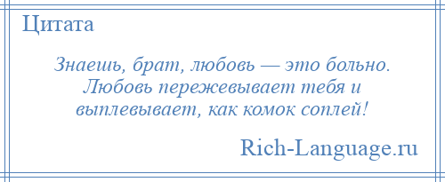 
    Знаешь, брат, любовь — это больно. Любовь пережевывает тебя и выплевывает, как комок соплей!