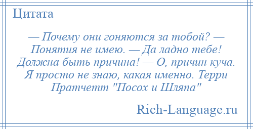
    — Почему они гоняются за тобой? — Понятия не имею. — Да ладно тебе! Должна быть причина! — О, причин куча. Я просто не знаю, какая именно. Терри Пратчетт Посох и Шляпа 