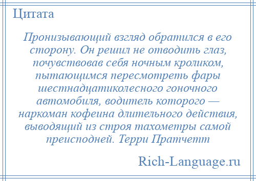 
    Пронизывающий взгляд обратился в его сторону. Он решил не отводить глаз, почувствовав себя ночным кроликом, пытающимся пересмотреть фары шестнадцатиколесного гоночного автомобиля, водитель которого — наркоман кофеина длительного действия, выводящий из строя тахометры самой преисподней. Терри Пратчетт