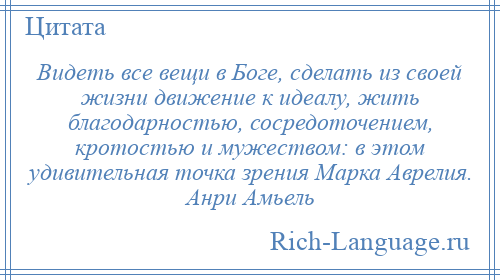 
    Видеть все вещи в Боге, сделать из своей жизни движение к идеалу, жить благодарностью, сосредоточением, кротостью и мужеством: в этом удивительная точка зрения Марка Аврелия. Анри Амьель