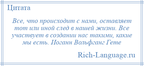 
    Все, что происходит с нами, оставляет тот или иной след в нашей жизни. Все участвует в создании нас такими, какие мы есть. Иоганн Вольфганг Гете