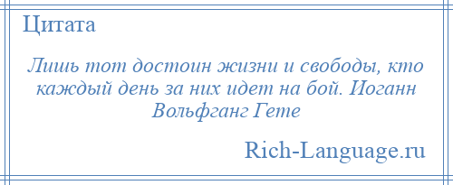 
    Лишь тот достоин жизни и свободы, кто каждый день за них идет на бой. Иоганн Вольфганг Гете
