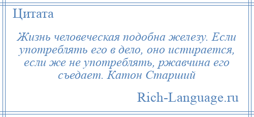 
    Жизнь человеческая подобна железу. Если употреблять его в дело, оно истирается, если же не употреблять, ржавчина его съедает. Катон Старший