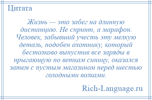 
    Жизнь — это забег на длинную дистанцию. Не спринт, а марафон. Человек, забывший учесть эту мелкую деталь, подобен охотнику, который бестолково выпустив все заряды в прыгающую по веткам синицу, оказался затем с пустым магазином перед шестью голодными волками.