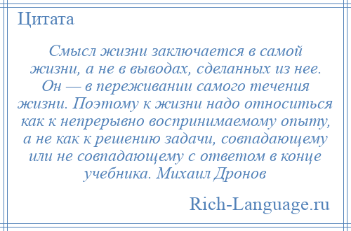 
    Смысл жизни заключается в самой жизни, а не в выводах, сделанных из нее. Он — в переживании самого течения жизни. Поэтому к жизни надо относиться как к непрерывно воспринимаемому опыту, а не как к решению задачи, совпадающему или не совпадающему с ответом в конце учебника. Михаил Дронов