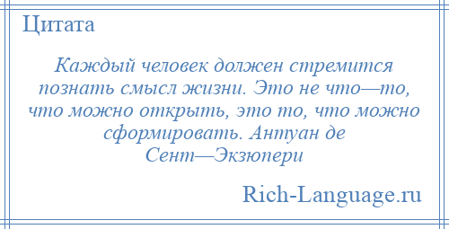 
    Каждый человек должен стремится познать смысл жизни. Это не что—то, что можно открыть, это то, что можно сформировать. Антуан де Сент—Экзюпери