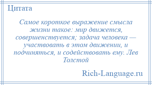 
    Самое короткое выражение смысла жизни такое: мир движется, совершенствуется; задача человека — участвовать в этом движении, и подчиняться, и содействовать ему. Лев Толстой