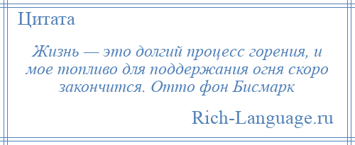 
    Жизнь — это долгий процесс горения, и мое топливо для поддержания огня скоро закончится. Отто фон Бисмарк