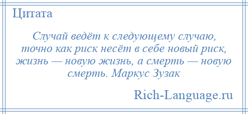 
    Случай ведёт к следующему случаю, точно как риск несёт в себе новый риск, жизнь — новую жизнь, а смерть — новую смерть. Маркус Зузак