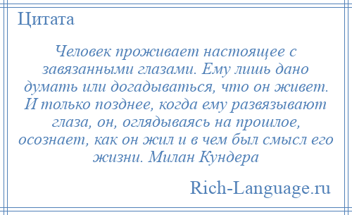 
    Человек проживает настоящее с завязанными глазами. Ему лишь дано думать или догадываться, что он живет. И только позднее, когда ему развязывают глаза, он, оглядываясь на прошлое, осознает, как он жил и в чем был смысл его жизни. Милан Кундера