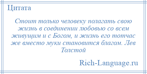 
    Стоит только человеку полагать свою жизнь в соединении любовью со всем живущим и с Богом, и жизнь его тотчас же вместо муки становится благом. Лев Толстой