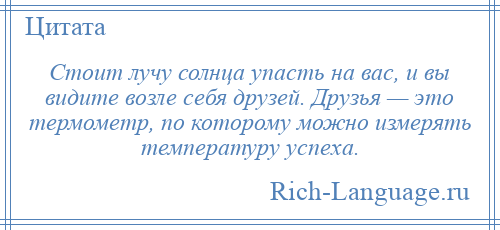 
    Стоит лучу солнца упасть на вас, и вы видите возле себя друзей. Друзья — это термометр, по которому можно измерять температуру успеха.