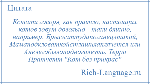 
    Кстати говоря, как правило, настоящих котов зовут довольно—таки длинно, например: Брысьаттудапоганецэтакий, Мамаподкловаткойстлашилаплячется или Анечегобылоподногилезть. Терри Пратчетт Кот без прикрас 