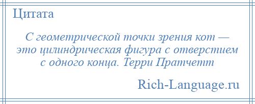 
    С геометрической точки зрения кот — это цилиндрическая фигура с отверстием с одного конца. Терри Пратчетт