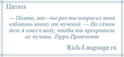 
    — Помню, как—то раз ты попросил меня избавить кошку от мучений. — На самом деле я имел в виду, чтобы ты прекратила ее мучить. Терри Пратчетт