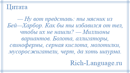 
    — Ну вот представь: ты мясник из Бей—Харбор. Как бы ты избавился от тел, чтобы их не нашли? — Миллионы вариантов. Болота, аллигаторы, свинофермы, серная кислота, молотилки, мусоросжигатели, черт, да хоть шаурма.