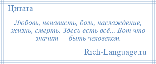 
    Любовь, ненависть, боль, наслаждение, жизнь, смерть. Здесь есть всё... Вот что значит — быть человеком.