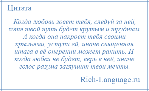 
    Когда любовь зовет тебя, следуй за ней, хотя твой путь будет крутым и трудным. А когда она накроет тебя своими крыльями, уступи ей, иначе священная шпага в её оперении может ранить. И когда любви не будет, верь в неё, иначе голос разума заглушит твои мечты.