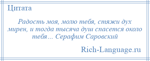 
    Радость моя, молю тебя, стяжи дух мирен, и тогда тысяча душ спасется около тебя… Серафим Саровский