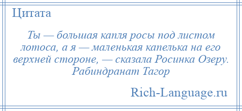 
    Ты — большая капля росы под листом лотоса, а я — маленькая капелька на его верхней стороне, — сказала Росинка Озеру. Рабиндранат Тагор
