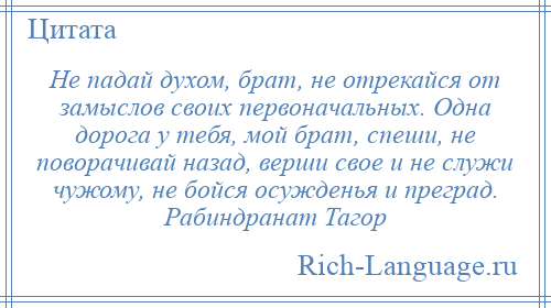 
    Не падай духом, брат, не отрекайся от замыслов своих первоначальных. Одна дорога у тебя, мой брат, спеши, не поворачивай назад, верши свое и не служи чужому, не бойся осужденья и преград. Рабиндранат Тагор