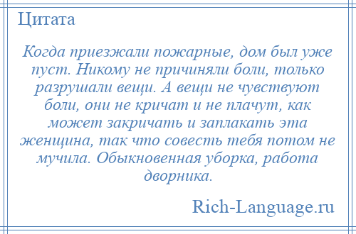 
    Когда приезжали пожарные, дом был уже пуст. Никому не причиняли боли, только разрушали вещи. А вещи не чувствуют боли, они не кричат и не плачут, как может закричать и заплакать эта женщина, так что совесть тебя потом не мучила. Обыкновенная уборка, работа дворника.