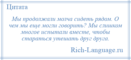 
    Мы продолжали молча сидеть рядом. О чем мы еще могли говорить? Мы слишком многое испытали вместе, чтобы стараться утешать друг друга.
