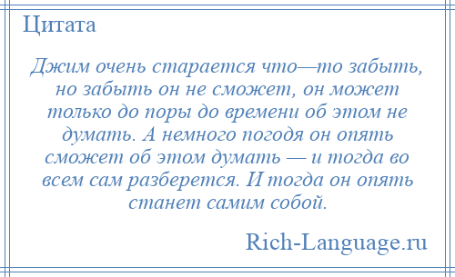 
    Джим очень старается что—то забыть, но забыть он не сможет, он может только до поры до времени об этом не думать. А немного погодя он опять сможет об этом думать — и тогда во всем сам разберется. И тогда он опять станет самим собой.