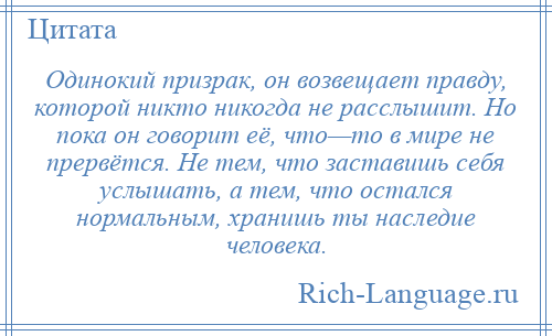 
    Одинокий призрак, он возвещает правду, которой никто никогда не расслышит. Но пока он говорит её, что—то в мире не прервётся. Не тем, что заставишь себя услышать, а тем, что остался нормальным, хранишь ты наследие человека.