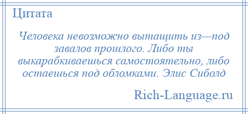 
    Человека невозможно вытащить из—под завалов прошлого. Либо ты выкарабкиваешься самостоятельно, либо остаешься под обломками. Элис Сиболд