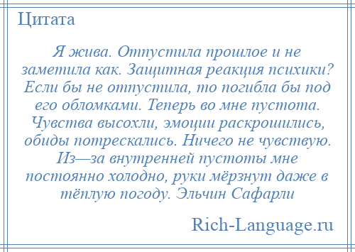 
    Я жива. Отпустила прошлое и не заметила как. Защитная реакция психики? Если бы не отпустила, то погибла бы под его обломками. Теперь во мне пустота. Чувства высохли, эмоции раскрошились, обиды потрескались. Ничего не чувствую. Из—за внутренней пустоты мне постоянно холодно, руки мёрзнут даже в тёплую погоду. Эльчин Сафарли