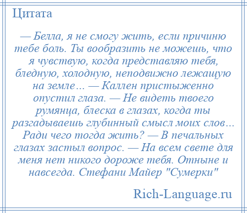 
    — Белла, я не смогу жить, если причиню тебе боль. Ты вообразить не можешь, что я чувствую, когда представляю тебя, бледную, холодную, неподвижно лежащую на земле… — Каллен пристыженно опустил глаза. — Не видеть твоего румянца, блеска в глазах, когда ты разгадываешь глубинный смысл моих слов… Ради чего тогда жить? — В печальных глазах застыл вопрос. — На всем свете для меня нет никого дороже тебя. Отныне и навсегда. Стефани Майер Сумерки 