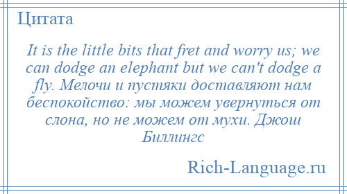 
    It is the little bits that fret and worry us; we can dodge an elephant but we can't dodge a fly. Мелочи и пустяки доставляют нам беспокойство: мы можем увернуться от слона, но не можем от мухи. Джош Биллингс