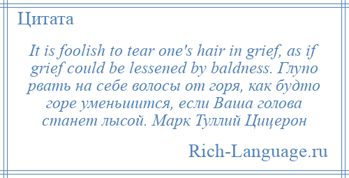 
    It is foolish to tear one's hair in grief, as if grief could be lessened by baldness. Глупо рвать на себе волосы от горя, как будто горе уменьшится, если Ваша голова станет лысой. Марк Туллий Цицерон