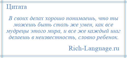 
    В своих делах хорошо понимаешь, что ты можешь быть столь же умен, как все мудрецы этого мира, и все же каждый шаг делаешь в неизвестность, словно ребенок.