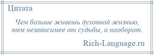 
    Чем больше живешь духовной жизнью, тем независимее от судьбы, и наоборот.
