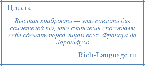 
    Высшая храбрость — это сделать без свидетелей то, что считаешь способным себя сделать перед лицом всех. Франсуа де Ларошфуко