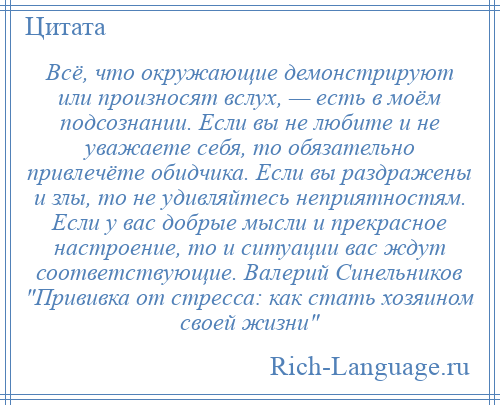 
    Всё, что окружающие демонстрируют или произносят вслух, — есть в моём подсознании. Если вы не любите и не уважаете себя, то обязательно привлечёте обидчика. Если вы раздражены и злы, то не удивляйтесь неприятностям. Если у вас добрые мысли и прекрасное настроение, то и ситуации вас ждут соответствующие. Валерий Синельников Прививка от стресса: как стать хозяином своей жизни 