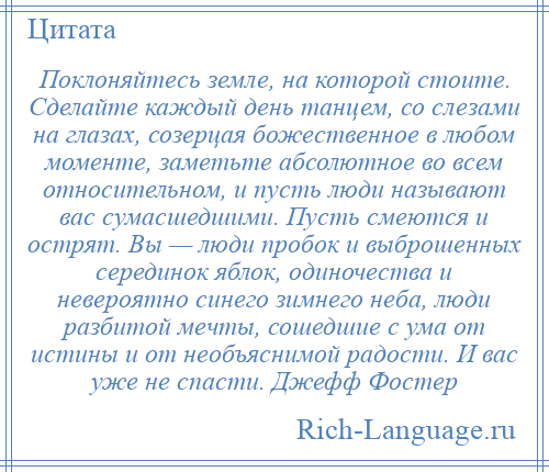 
    Поклоняйтесь земле, на которой стоите. Сделайте каждый день танцем, со слезами на глазах, созерцая божественное в любом моменте, заметьте абсолютное во всем относительном, и пусть люди называют вас сумасшедшими. Пусть смеются и острят. Вы — люди пробок и выброшенных серединок яблок, одиночества и невероятно синего зимнего неба, люди разбитой мечты, сошедшие с ума от истины и от необъяснимой радости. И вас уже не спасти. Джефф Фостер