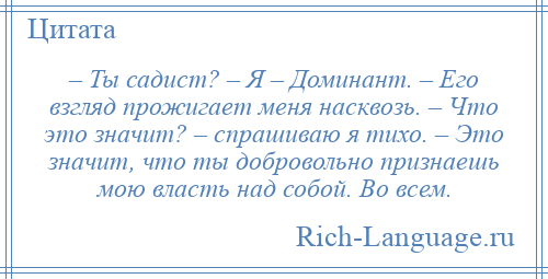 
    – Ты садист? – Я – Доминант. – Его взгляд прожигает меня насквозь. – Что это значит? – спрашиваю я тихо. – Это значит, что ты добровольно признаешь мою власть над собой. Во всем.