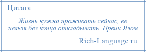 
    Жизнь нужно проживать сейчас, ее нельзя без конца откладывать. Ирвин Ялом