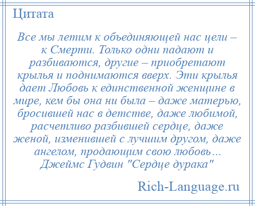 
    Все мы летим к объединяющей нас цели – к Смерти. Только одни падают и разбиваются, другие – приобретают крылья и поднимаются вверх. Эти крылья дает Любовь к единственной женщине в мире, кем бы она ни была – даже матерью, бросившей нас в детстве, даже любимой, расчетливо разбившей сердце, даже женой, изменившей с лучшим другом, даже ангелом, продающим свою любовь… Джеймс Гудвин Сердце дурака 