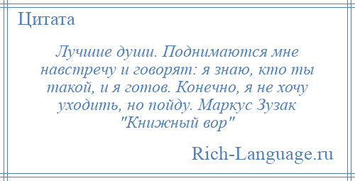 
    Лучшие души. Поднимаются мне навстречу и говорят: я знаю, кто ты такой, и я готов. Конечно, я не хочу уходить, но пойду. Маркус Зузак Книжный вор 