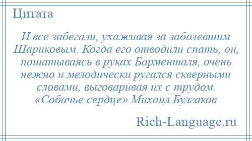 
    И все забегали, ухаживая за заболевшим Шариковым. Когда его отводили спать, он, пошатываясь в руках Борменталя, очень нежно и мелодически ругался скверными словами, выговаривая их с трудом. «Собачье сердце» Михаил Булгаков