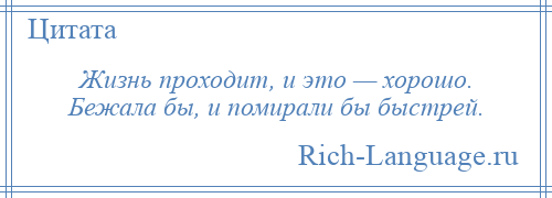 
    Жизнь проходит, и это — хорошо. Бежала бы, и помирали бы быстрей.