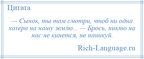 
    — Сынок, ты там смотри, чтоб ни одна холера на нашу землю... — Брось, никто на нас не кинется, не паникуй.