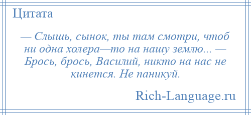 
    — Слышь, сынок, ты там смотри, чтоб ни одна холера—то на нашу землю... — Брось, брось, Василий, никто на нас не кинется. Не паникуй.